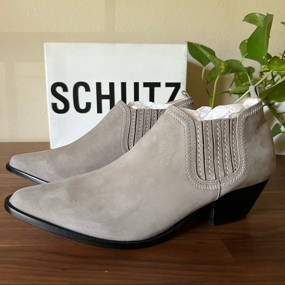 SCHUTZ Jacqueline Suede Ankle Slip-On Bootie in Mouse Taupe Sand color, size 10